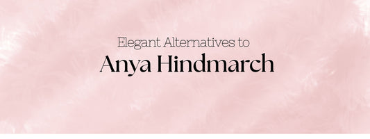 Elegant text on a soft pink background reading 'Elegant Alternatives to Anya Hindmarch' – promotional graphic for UK-made designer tote alternatives.