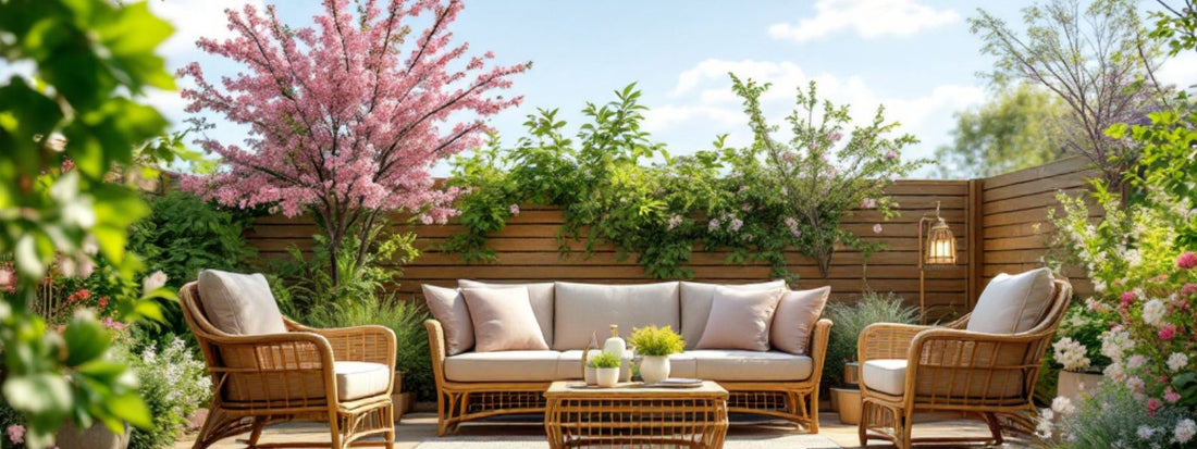 Rattan garden furniture set with cream cushions arranged on a patio, surrounded by blooming cherry blossoms and vibrant spring flowers, creating a bright and inviting outdoor seating area.