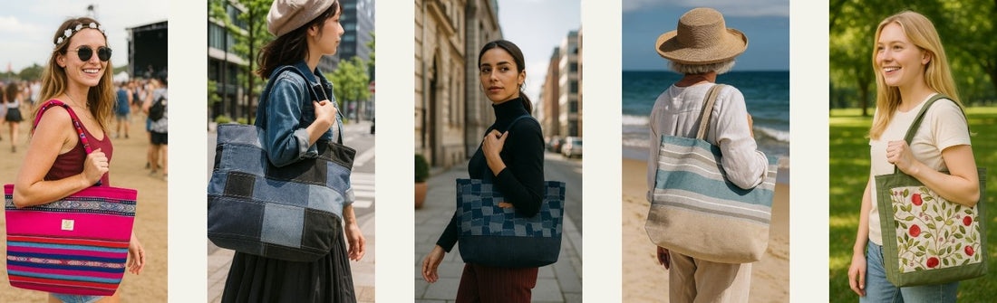 Five women carrying different tote bags in outdoor settings, including a park, beach, city street, and festival.