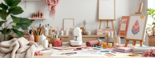 A bright, colourful craft room featuring a sewing machine, yarn, pencils, notebooks, paints, and a pink leaf painting on an easel, all arranged on a large wooden table