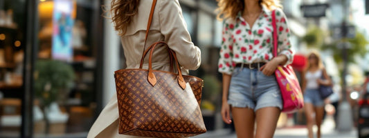 Women walking along a shopping street, one carrying a designer leather tote bag and the other a colourful fabric tote bag, highlighting the contrast between designer and regular totes.