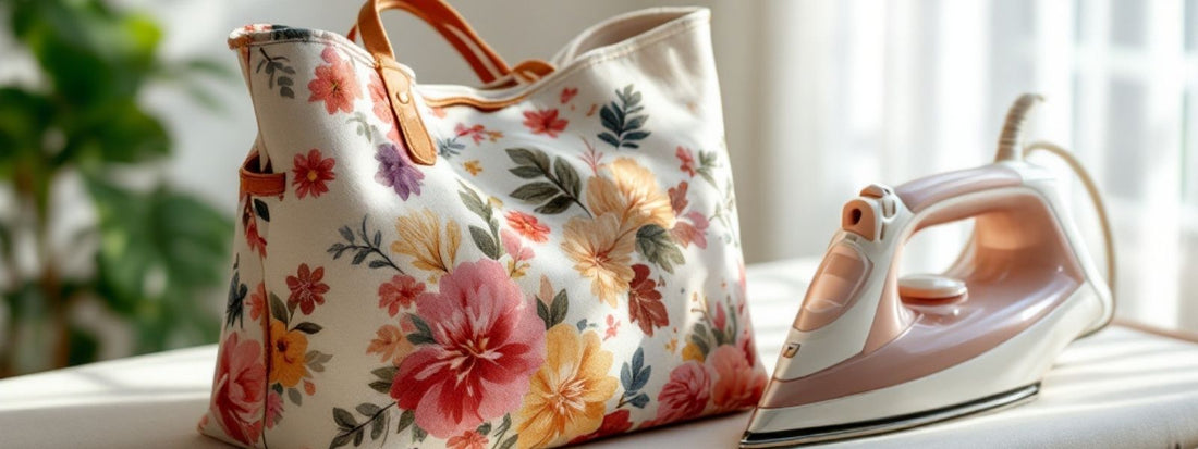 Floral canvas tote bag and pink steam iron placed on an ironing board in natural ligh