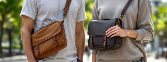 Two people wearing crossbody messenger bags outdoors — one in tan and one in dark brown — shown from the shoulders down, highlighting how the bags are worn and positioned.