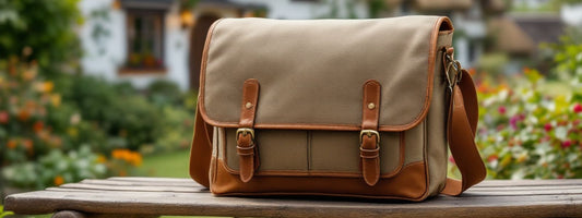 Handmade canvas messenger bag with leather buckle details, sitting on a wooden bench in a colourful cottage garden setting, showcasing its classic rectangular shape and flap closure.