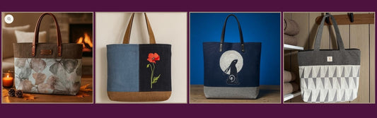 Unique handmade tote bags from Watership Down Crafts with floral, poppy, hare, and geometric designs, all UK-made and one-of-a-kind.