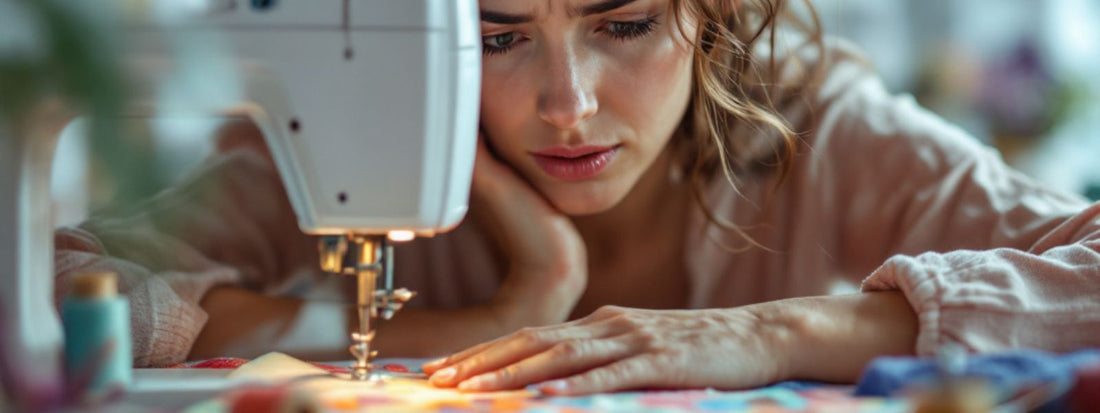 Woman looking frustrated while sewing at a machine, resting her head on her hand, with fabric and thread in front of her.