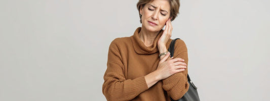 Woman in a brown jumper holding her shoulder in discomfort, suggesting pain potentially caused by carrying a heavy shoulder bag; neutral background and concerned expression.