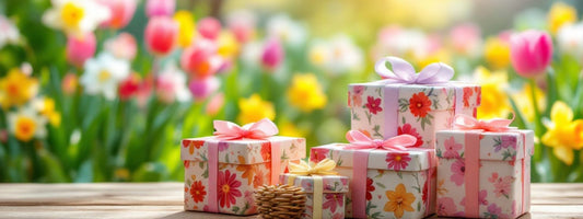 Beautifully wrapped spring gifts with floral patterns, set against a vibrant garden of blooming tulips.