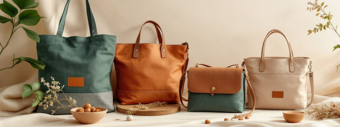 Four stylish handbags in earthy tones displayed on a neutral background with dried flowers and foliage.