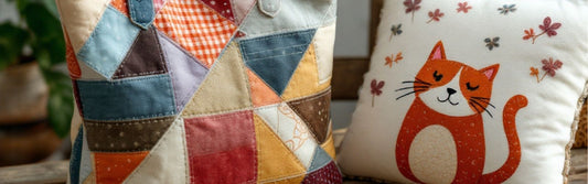 Handmade patchwork tote bag made from colourful fabric scraps alongside an embroidered cushion featuring a smiling orange cat and falling leaves, representing sustainable and creative textile reuse.