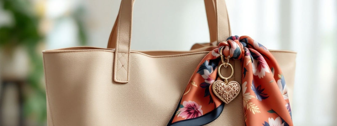 Beige tote bag accessorised with a floral orange scarf tied around the handle and a decorative heart-shaped charm, displayed indoors with a soft, neutral background.