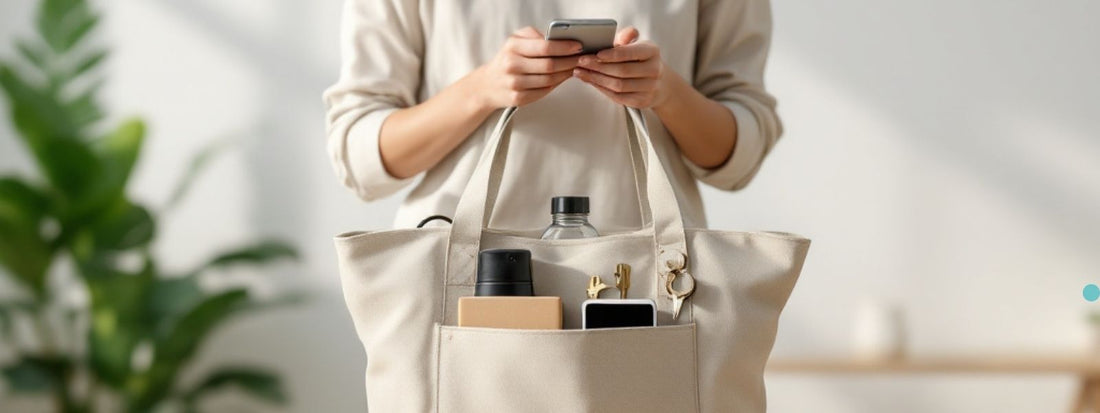 Woman holding a beige tote bag filled with everyday essentials, including a water bottle, phone, and notebook.