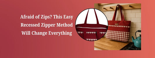 Finished red and gingham tote bag on a kitchen counter with a close-up of a recessed zipper. Text overlay reads: “Afraid of Zips? This Easy Recessed Zipper Method Will Change Everything.”