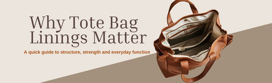 Open tote bag showing structured lining and pockets, with title text reading “Why Tote Bag Linings Matter” on a neutral background.