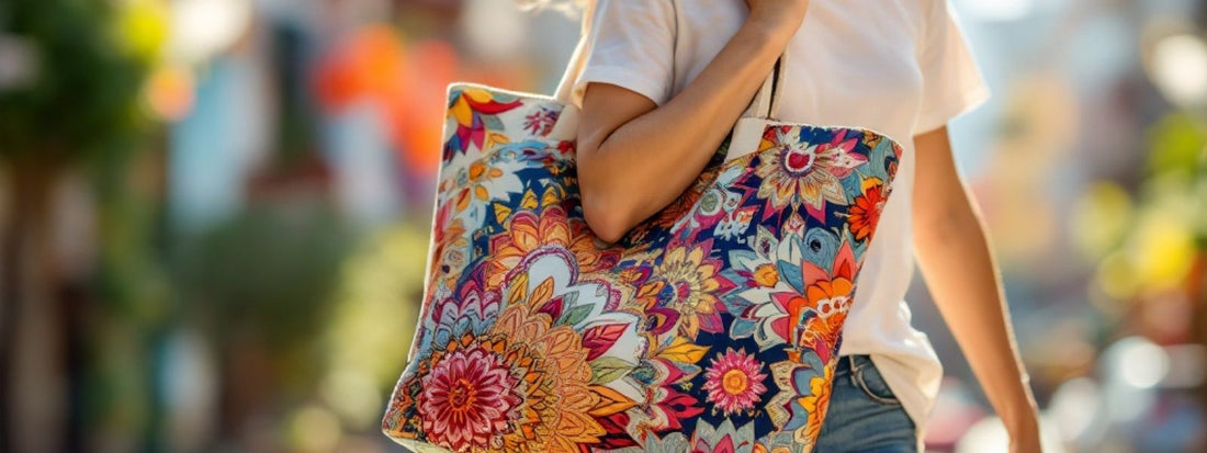 Person carrying a colourful reusable tote bag with a vibrant floral pattern.