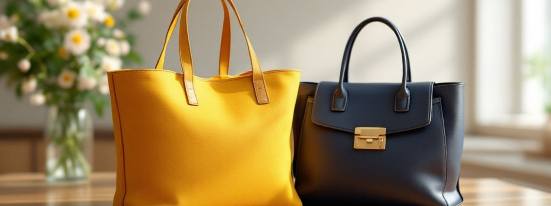 Bright yellow tote bag and sleek black handbag displayed side by side on a table, highlighting their different styles and sizes.