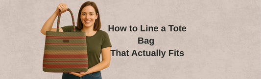 Smiling woman holding a handmade striped tote bag with clean inset lining, next to the title “How to Line a Tote Bag That Actually Fits” on a neutral background.