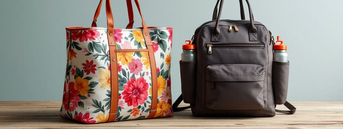 Floral tote bag and grey backpack with side water bottles displayed side by side on a wooden surface against a neutral background.