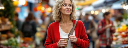Woman in her 50s walking through a busy UK market with a crossbody bag, hands free, holding a reusable coffee cup