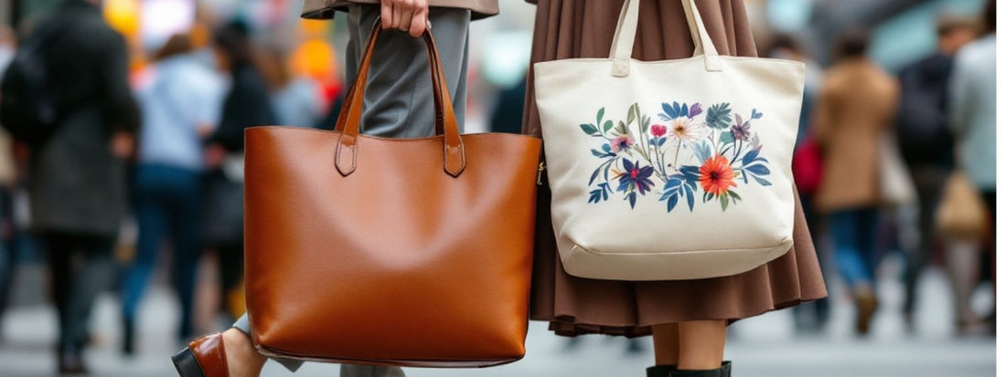 Two women walking side by side in a busy city street, each carrying a different tote bag — one is plain brown leather, and the other is cream fabric with colourful floral embroidery.