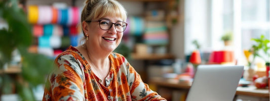 A woman with glasses smiling while working on a laptop in a craft studio, surrounded by colourful fabric rolls and plants.