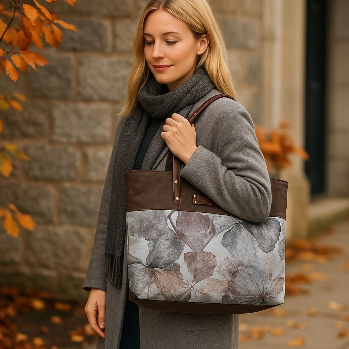 Woman holding a tote bag with leaf pattern in an autumn setting