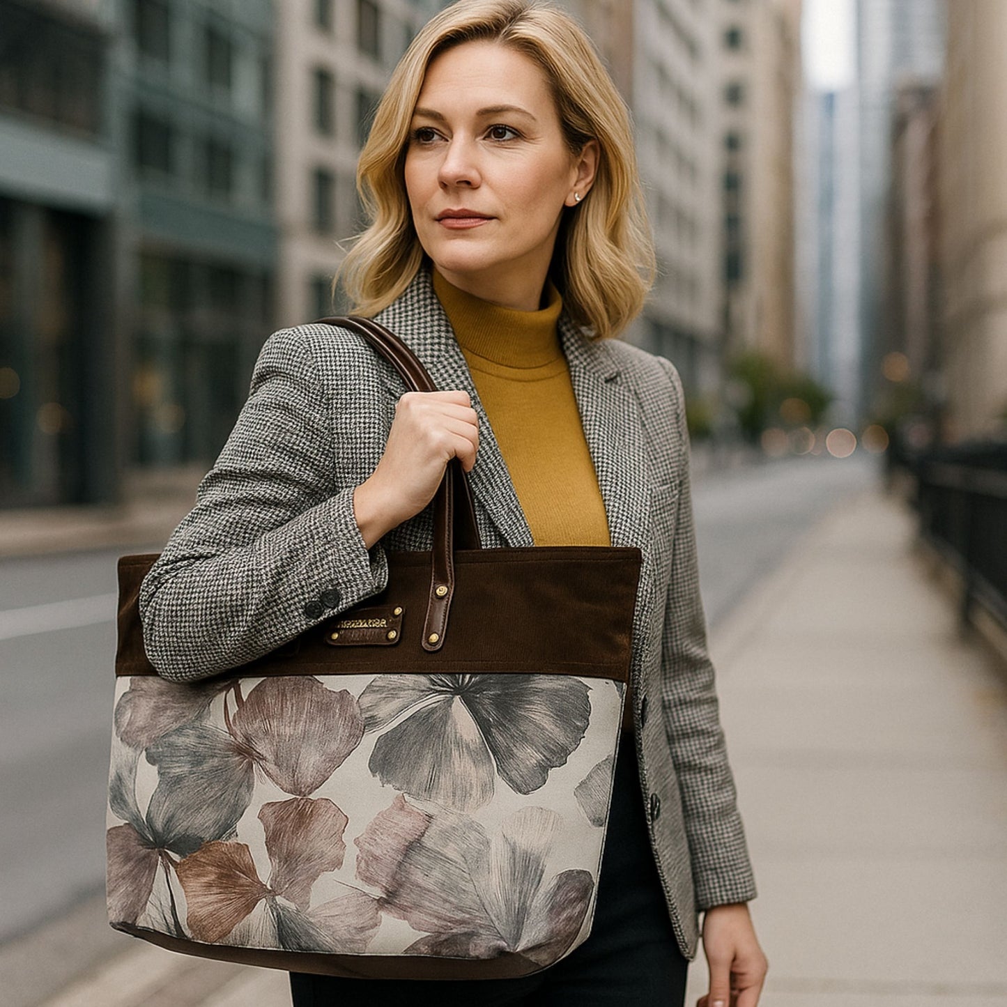 Woman holding a floral-patterned handbag on a city street