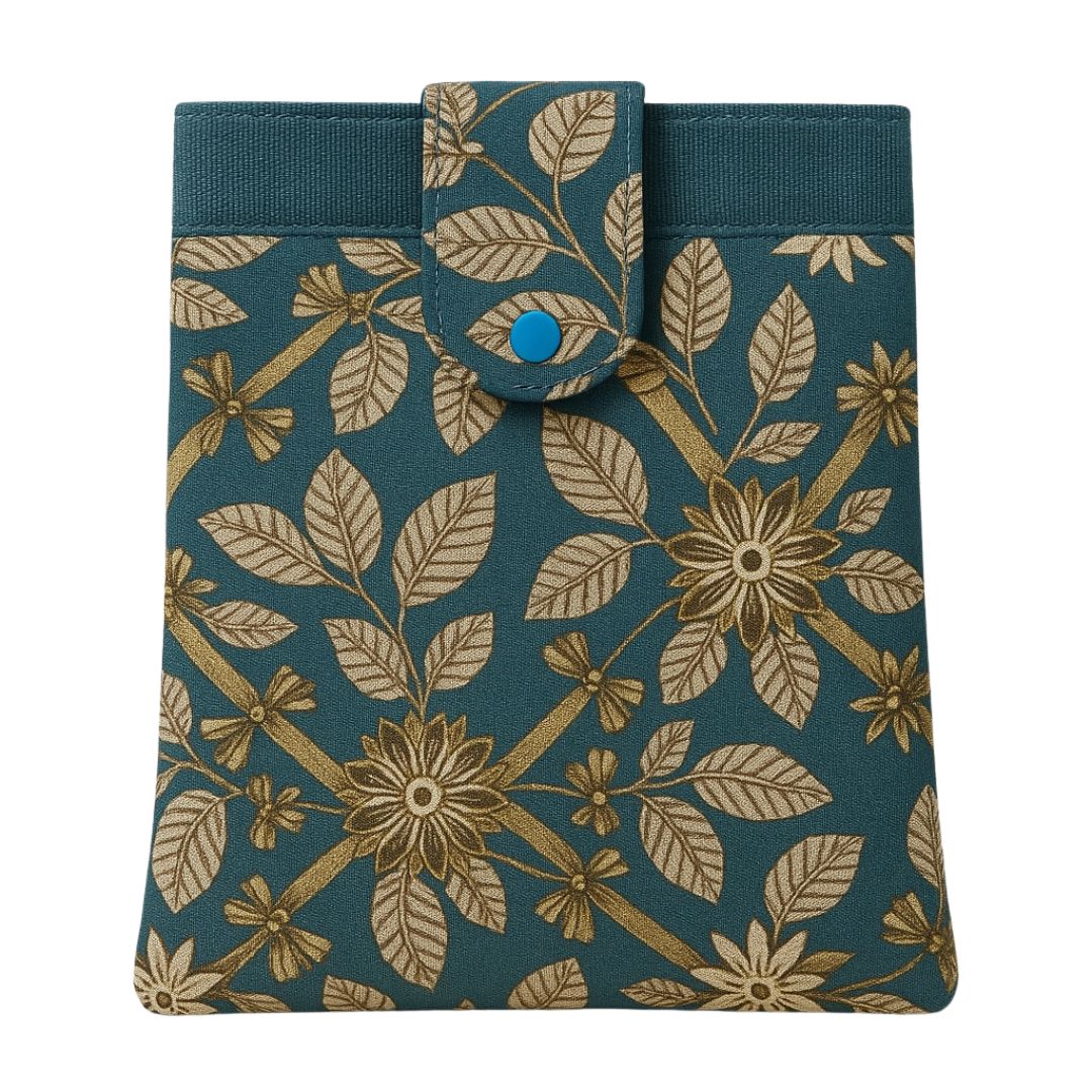 Teal and gold floral tablet case with front pocket and snap closure, made from repurposed fabric