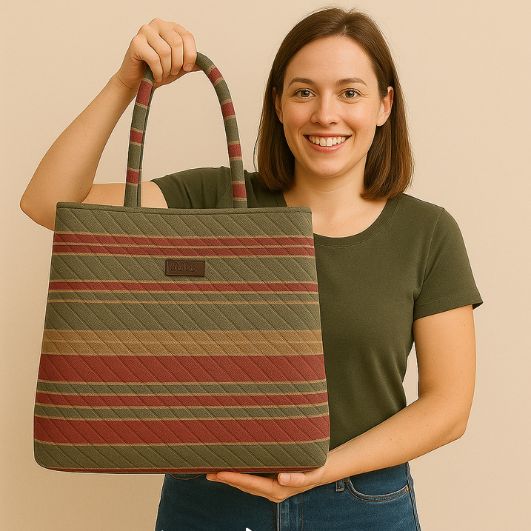 A smiling woman holds a striped quilted tote bag with boxed corners and structured handles