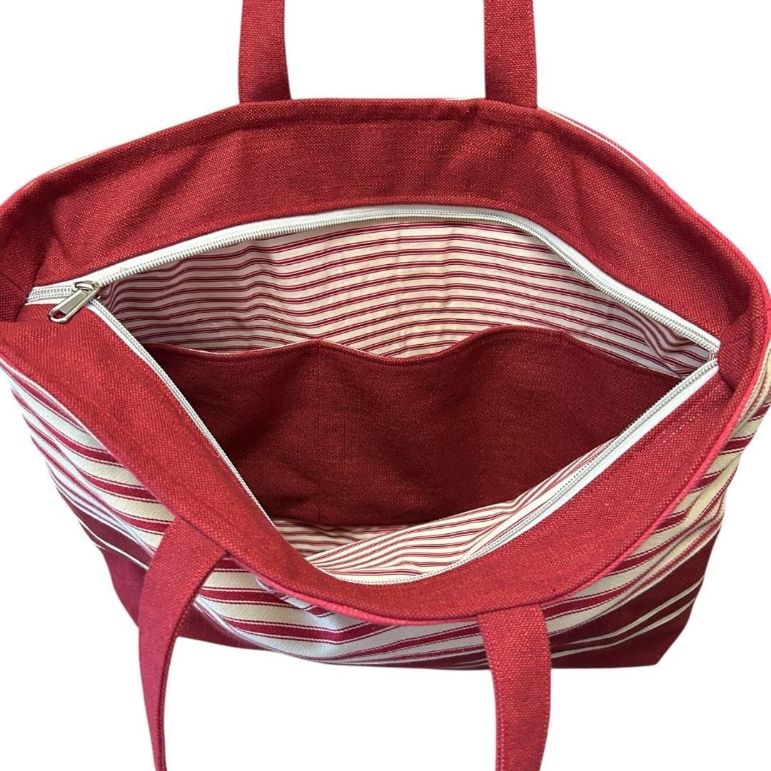 Tote Bag with Zip-Top Closure – Nautical Stripe Shoulder Bag with Pockets
