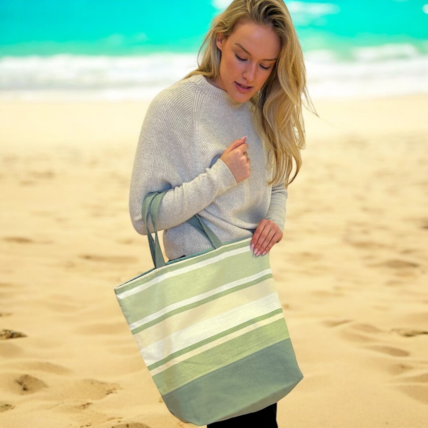 Large Muted Green Striped Tote Bag – Durable Cotton with Long Straps