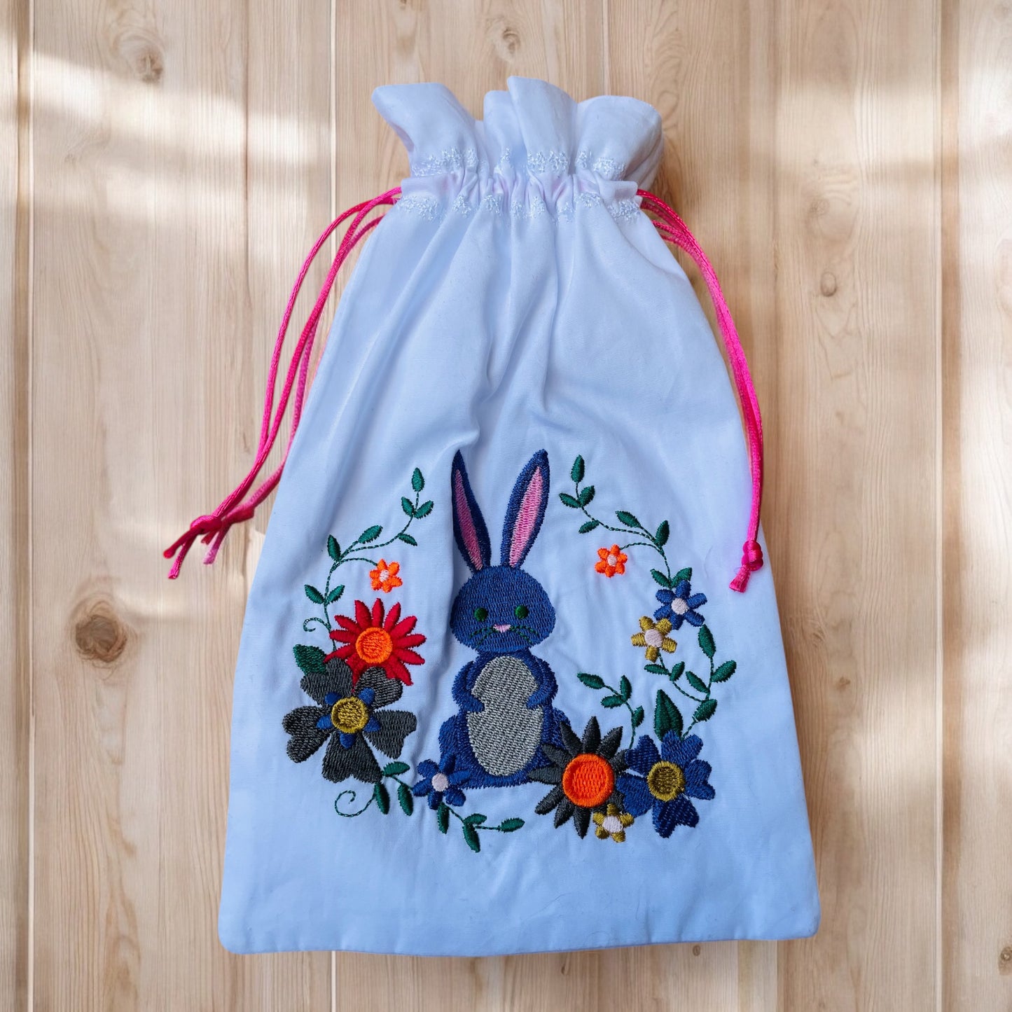 Handmade Embroidered Drawstring Bag - Rabbit & Flowers