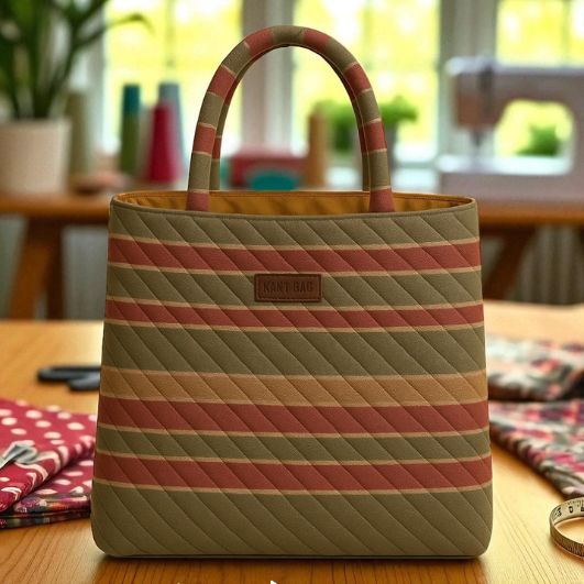 Striped handbag on a wooden table with a blurred indoor background