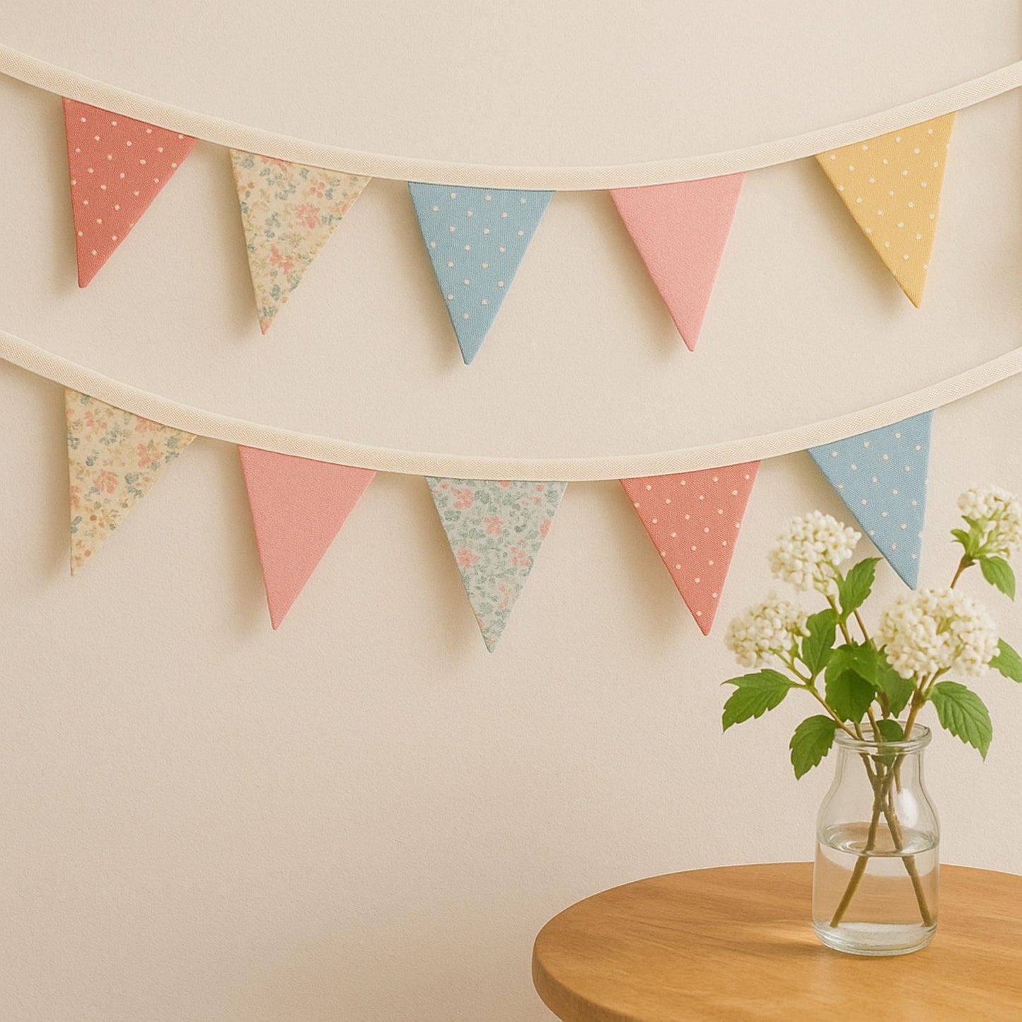 Colorful triangular flags hanging on a wall with a vase of flowers on a table below.