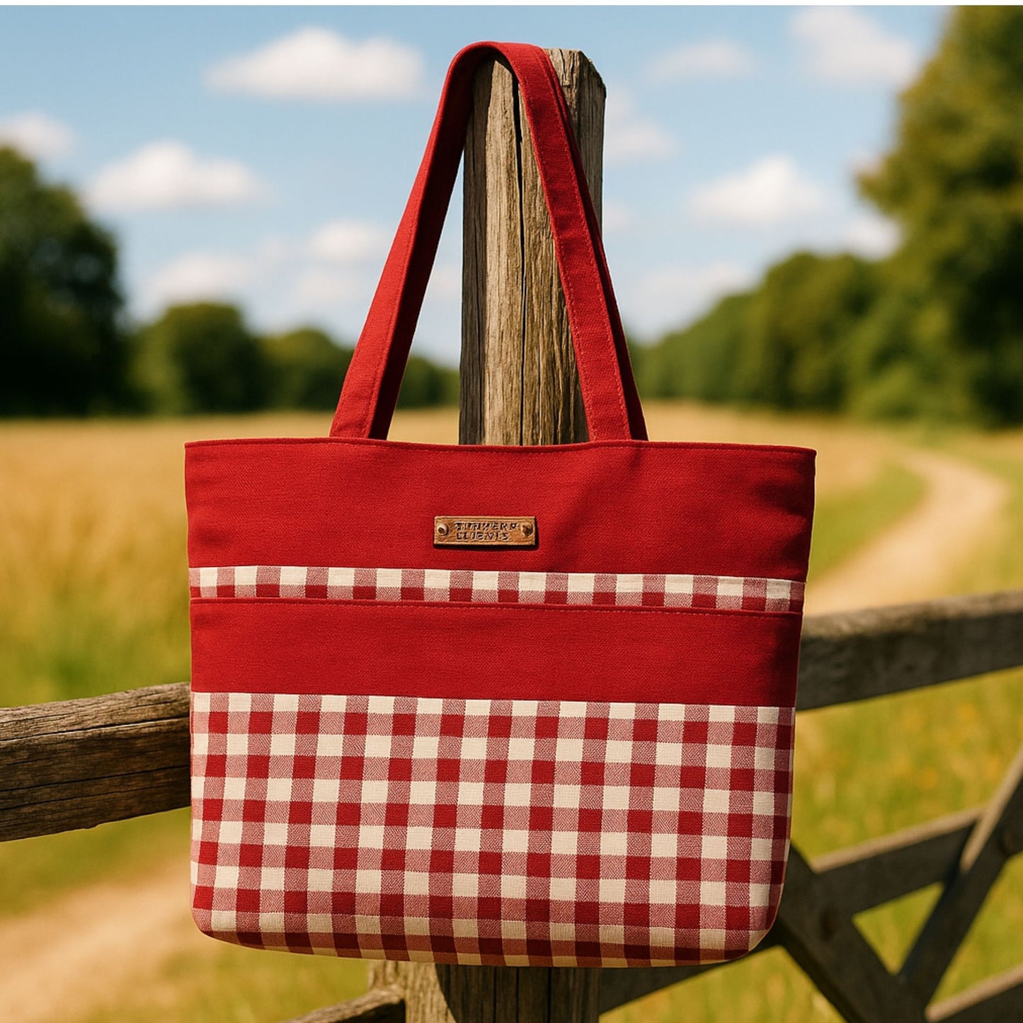 Red and white checkered tote bag hanging on a wooden post with a rural landscape in the background.