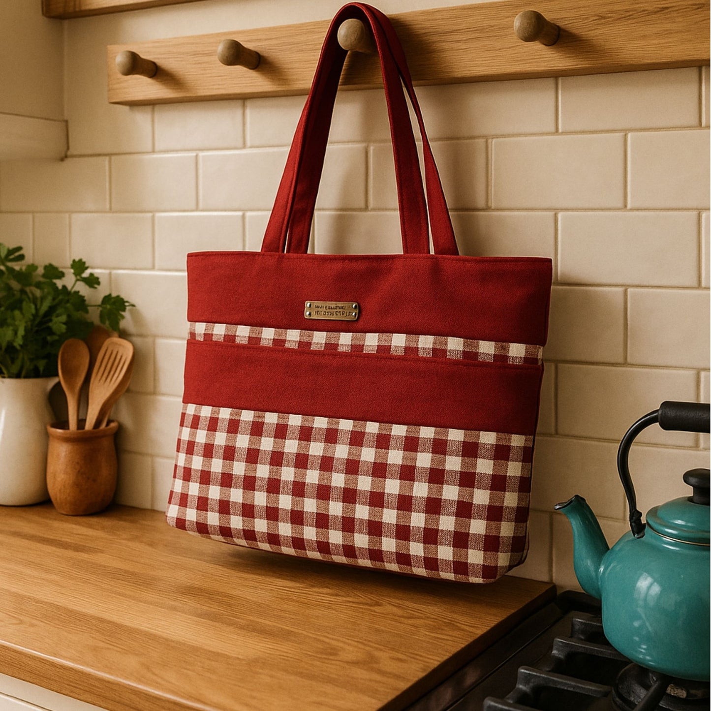 Red and white checkered tote bag hanging on a wooden hook against a tiled wall.