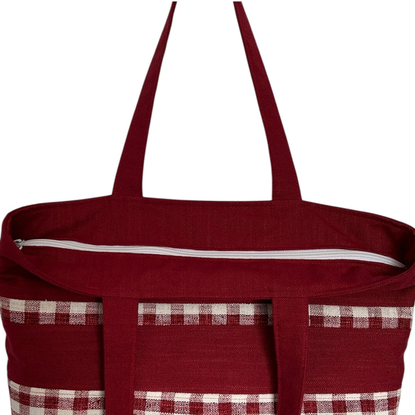 Red tote bag with checkered pattern on a white background