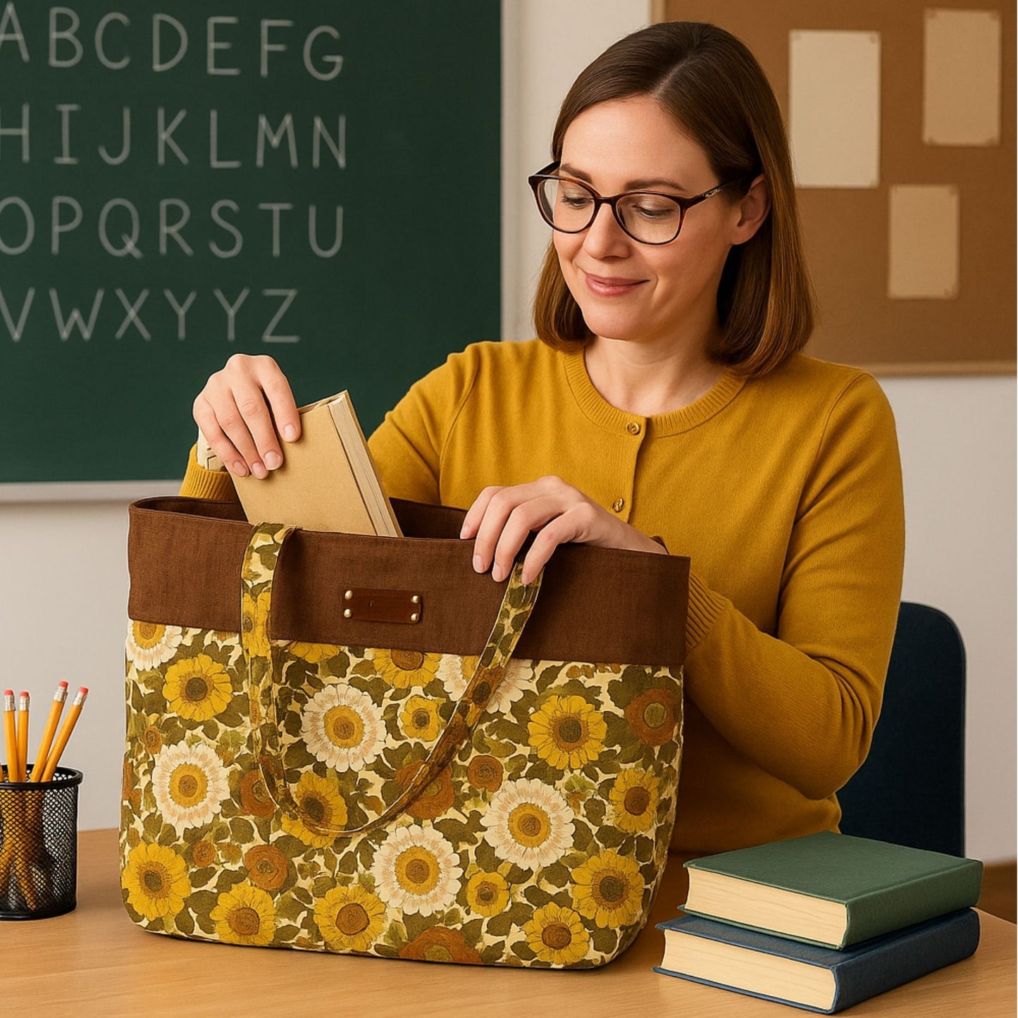 Woman in a classroom setting with a floral bag and books