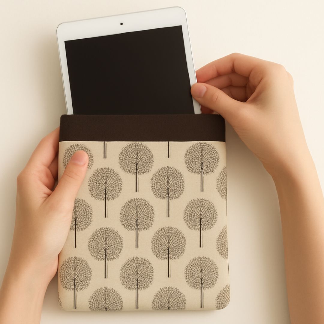 Hands placing a tablet into a beige and dark grey tree print fabric case with dark grey trim, made from repurposed fabric