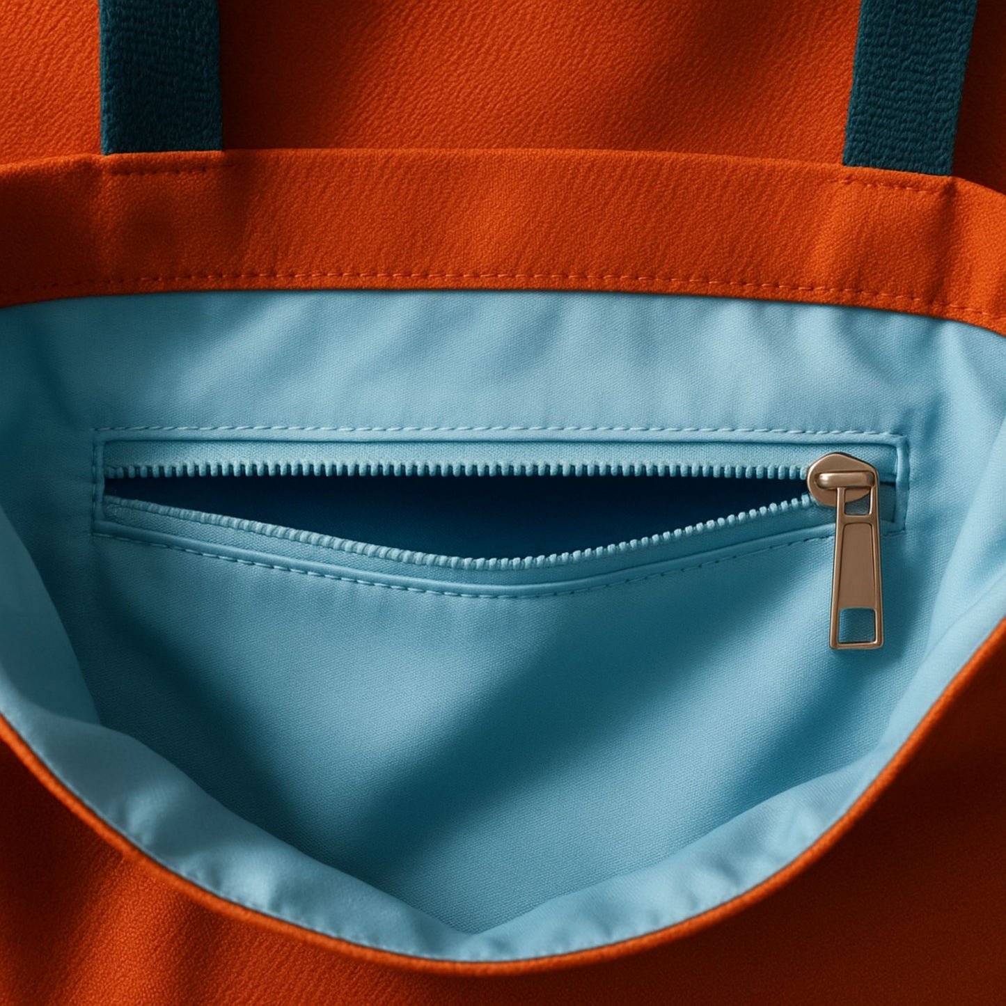 Close-up of an orange and blue bag with a zip pocket