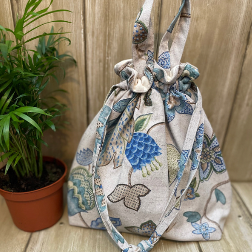 Handmade Drawstring Tote Bag Crewel Design