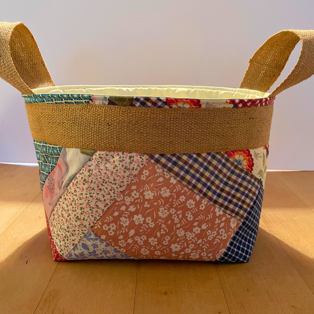 patchwork fabric basket back view