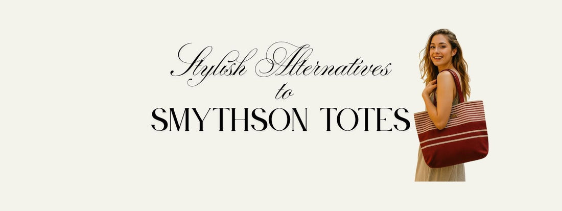 A woman with a red striped tote bag next to a title that says Stylish Alternatives to Smythson