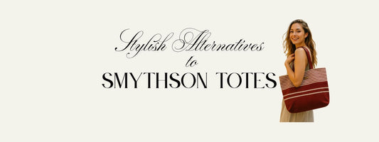 A woman with a red striped tote bag next to a title that says Stylish Alternatives to Smythson