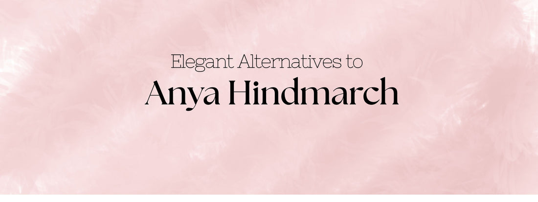 Elegant text on a soft pink background reading 'Elegant Alternatives to Anya Hindmarch' – promotional graphic for UK-made designer tote alternatives.