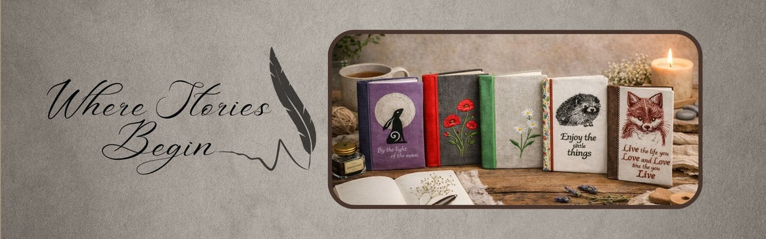 Lifestyle banner showing embroidered fabric notebook covers in different designs displayed on a cosy desk setting with candles, stationery, andzzi feather graphic and “Where Stories Begin” text.