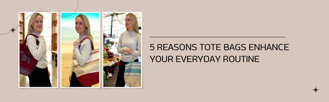 Collage of women showcasing eco-friendly tote bags by Watership Down Crafts in various settings, highlighting '5 Reasons Tote Bags Enhance Your Everyday Routine.