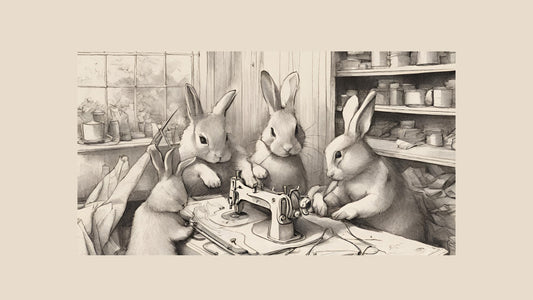 Sketch of rabbits busily sewing