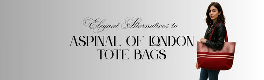 Woman carrying a red striped handmade tote bag, standing next to the text 'Elegant Alternatives to Aspinal of London Tote Bags' on a grey gradient background
