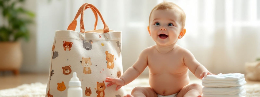 A smiling baby sitting on a soft blanket next to a cream tote bag with animal illustrations, surrounded by baby essentials including a bottle and folded nappies.